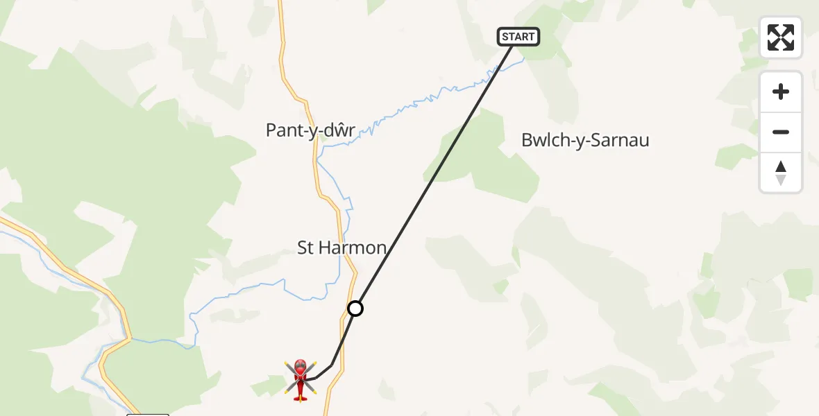 Flight path map showing Air Ambulance Helicopter route from Powys to St Harmon