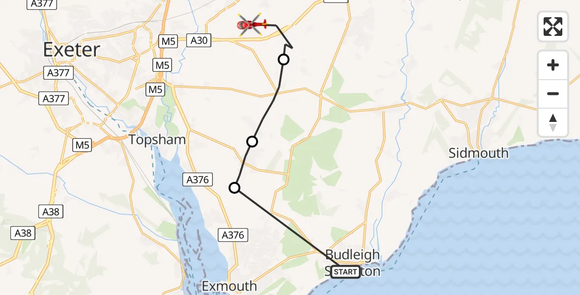 Routekaart van de vlucht: Air Ambulance Helicopter to Exeter International Airport