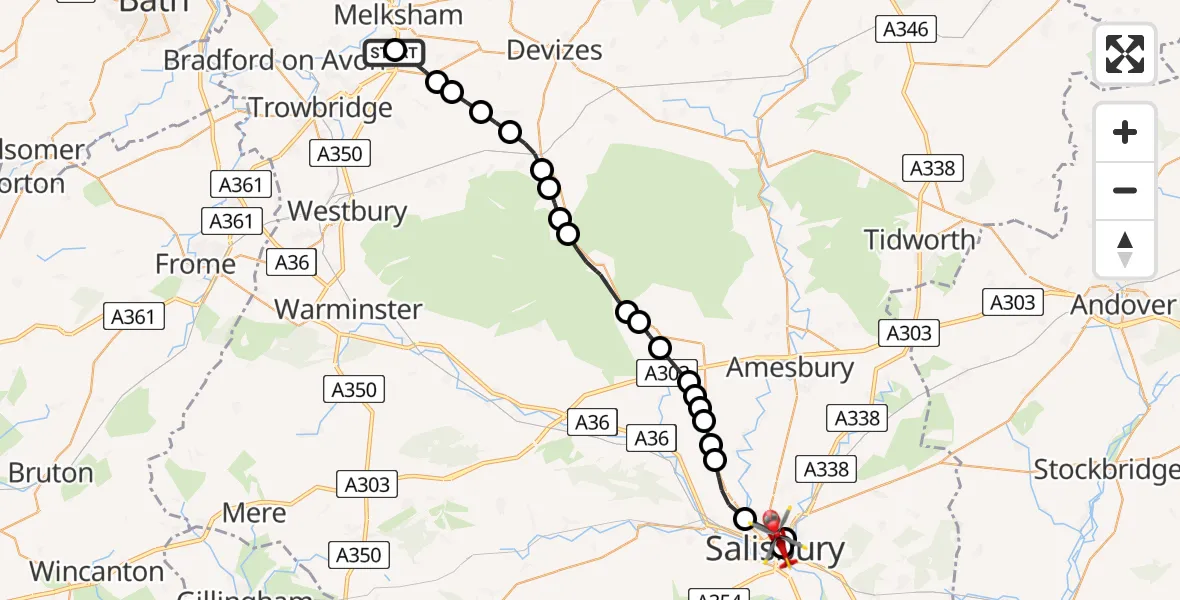 Flight path map showing Air Ambulance Helicopter route from Wiltshire Air Ambulance to Stratford-sub-Castle