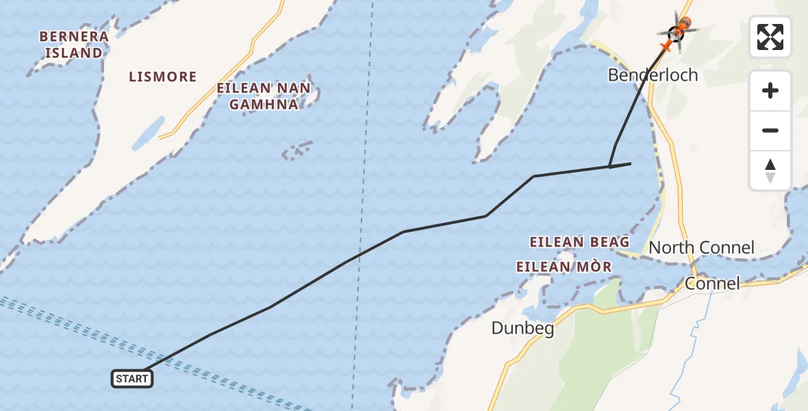 Flight path map showing Coastguard Helicopter route from Inner Seas to Benderloch