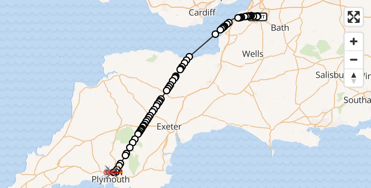 Flight path map showing Air Ambulance Helicopter route from Bristol Royal Infirmary to Derriford Hospital