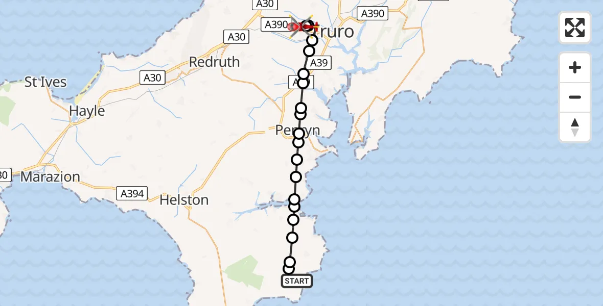 Flight path map showing Air Ambulance Helicopter route from Coverack to Treliske Hospital