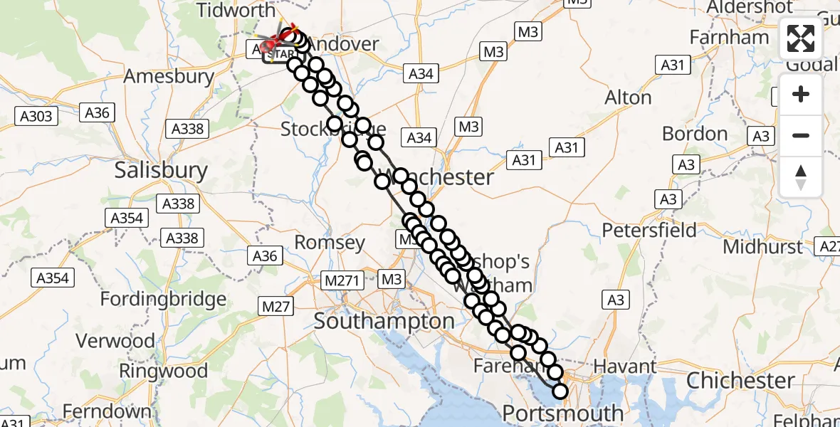 Flight path map showing Air Ambulance Helicopter route from Amport to Fyfield