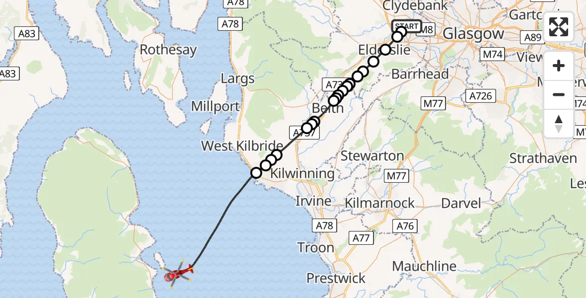 Flight path map showing Air Ambulance Helicopter route from Glasgow Airport to Inner Seas
