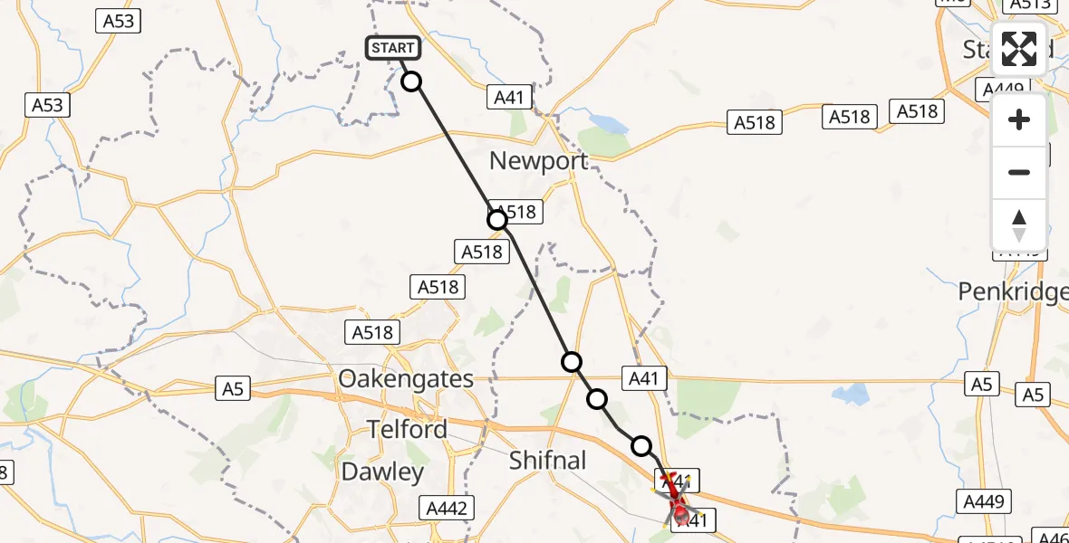 Flight path map showing Air Ambulance Helicopter route from Child's Ercall to Cosford
