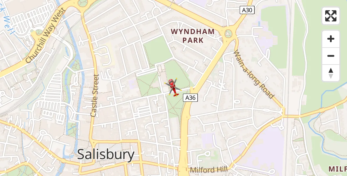 Flight path map showing Air Ambulance Helicopter route from Salisbury to Salisbury