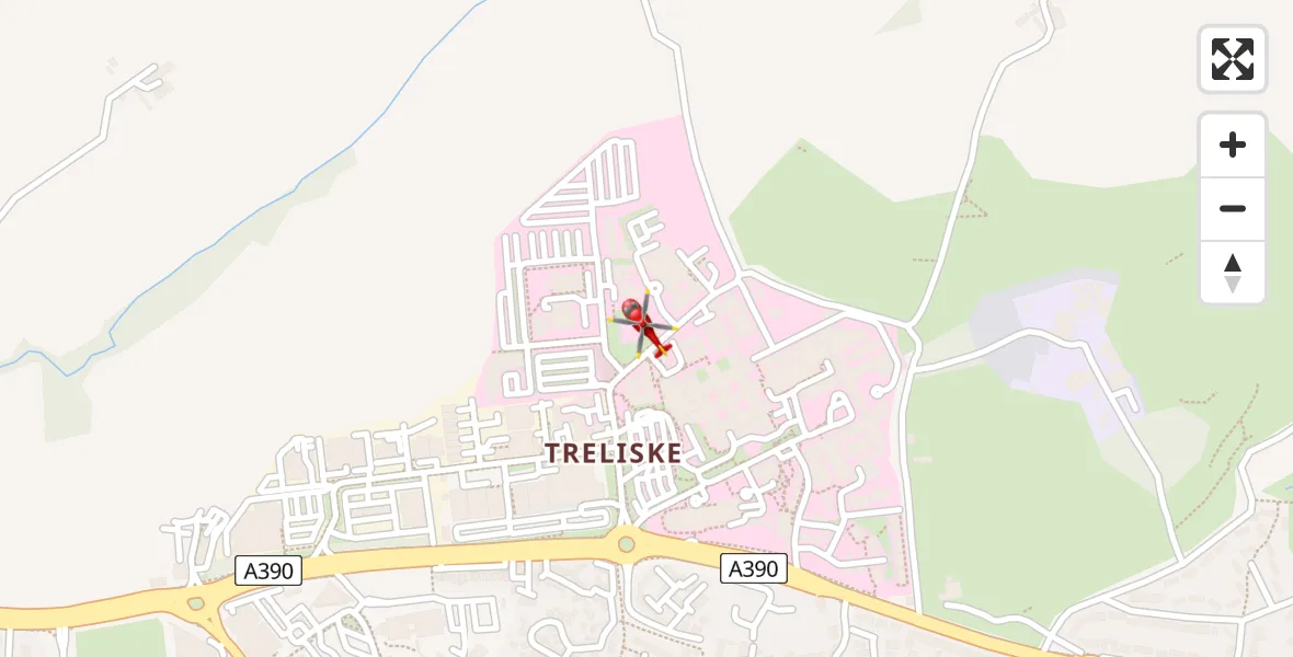 Flight path map showing Air Ambulance Helicopter route from Treliske Hospital to Treliske Hospital