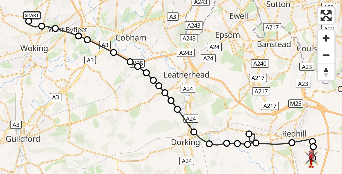 Flight path map showing Air Ambulance Helicopter route from Fairoaks Airport to Redhill Aerodrome