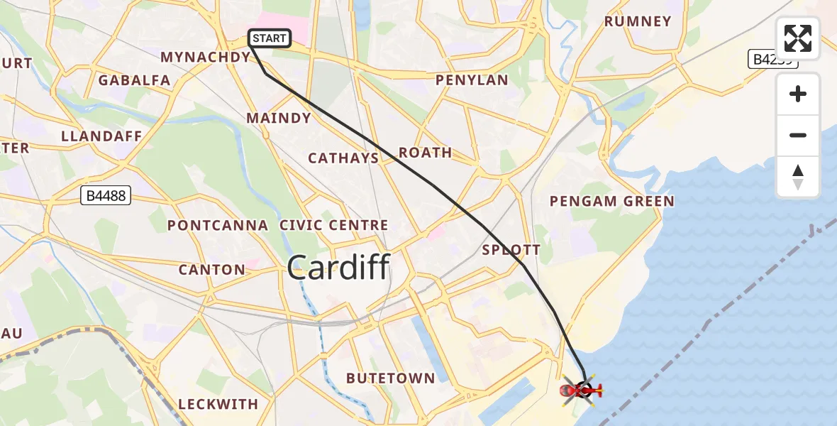 Routekaart van de vlucht: Air Ambulance Helicopter to Cardiff Heliport