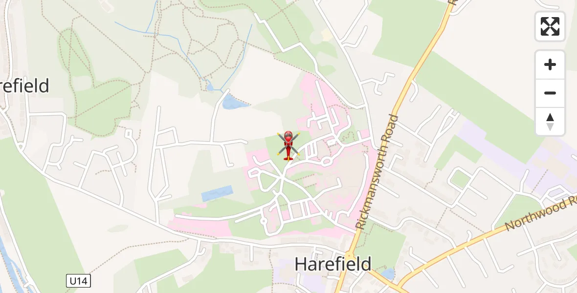 Flight path map showing Air Ambulance Helicopter route from Harefield Hospital to Harefield Hospital