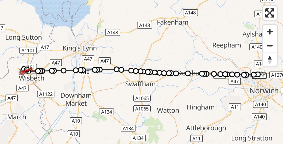 Flight path map showing Air Ambulance Helicopter route from Norwich Airport to Leverington