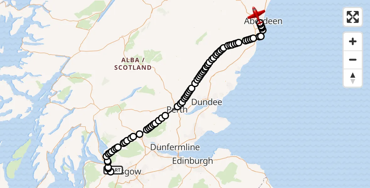 Flight path map showing Air Ambulance Aircraft route from Glasgow Airport to Aberdeen International Airport