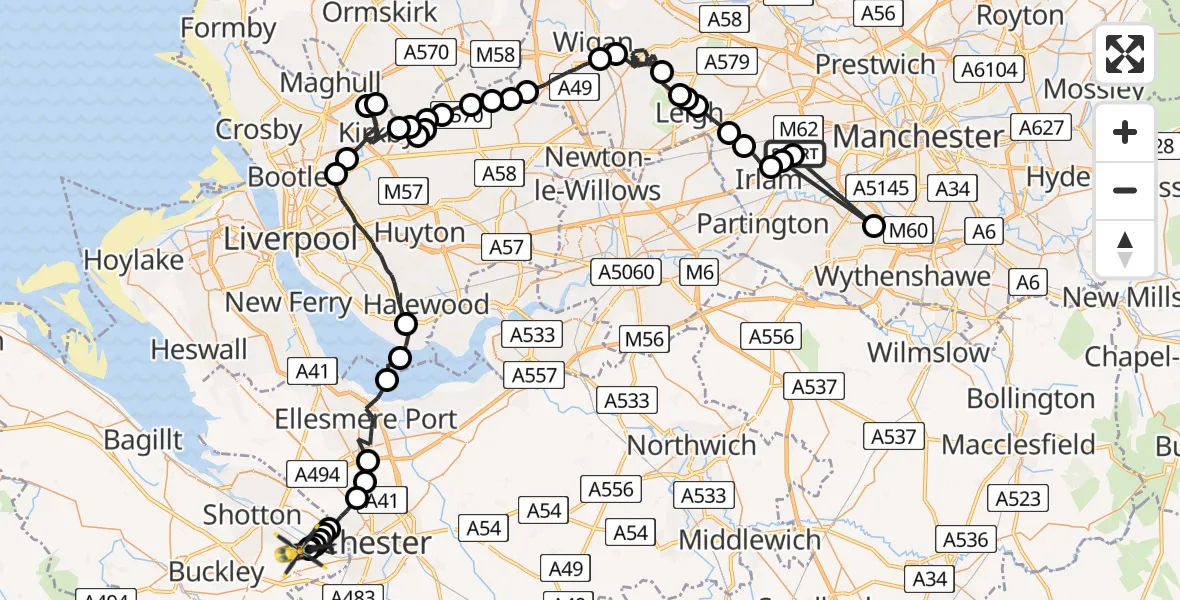 Flight path map showing Police Helicopter route from Manchester Barton Aerodrome to Hawarden Airport