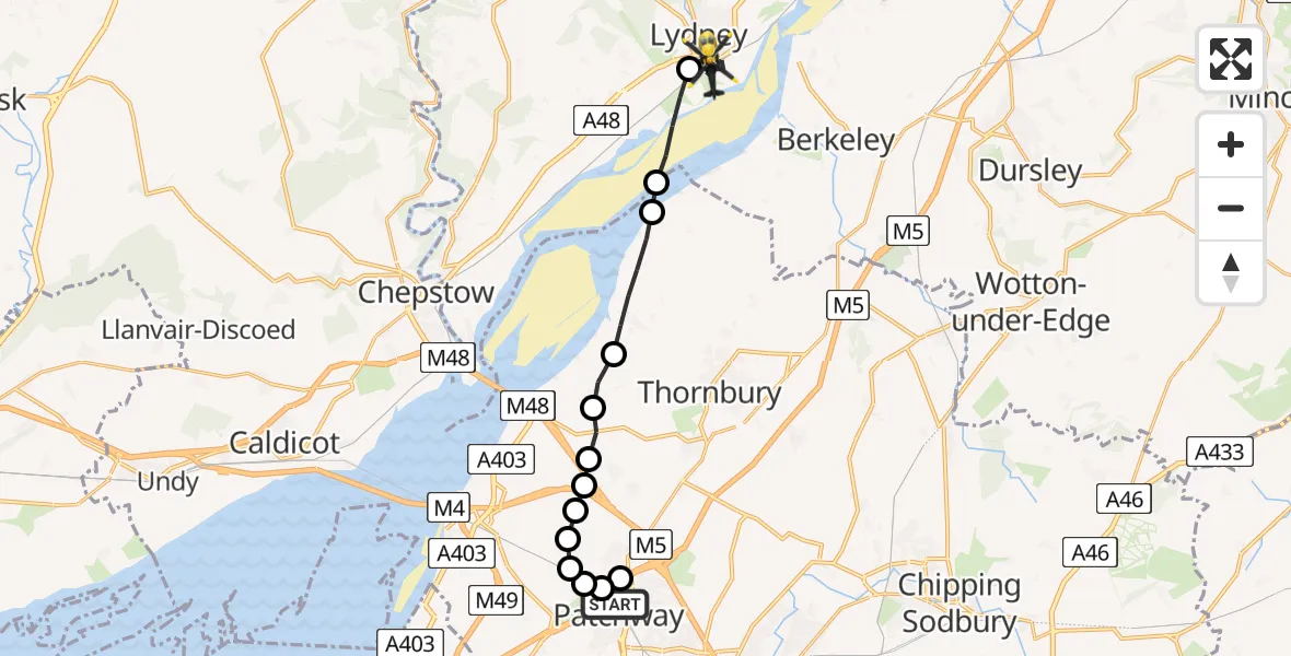 Flight path map showing Police Helicopter route from Patchway to Lydney