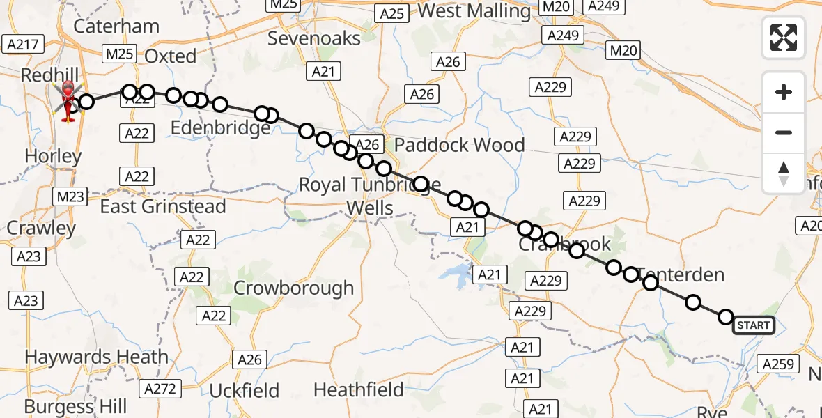 Flight path map showing Air Ambulance Helicopter route from Appledore to Redhill Aerodrome