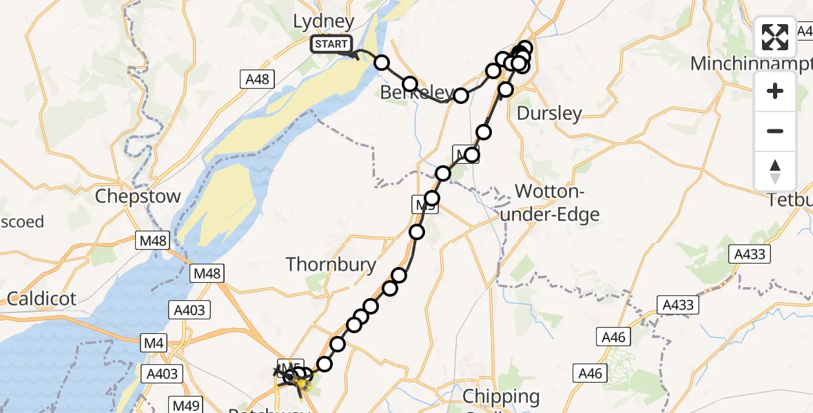Flight path map showing Police Helicopter route from Lydney to Almondsbury Helicopter Base