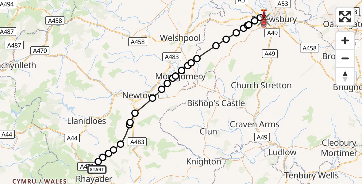 Flight path map showing Air Ambulance Helicopter route from Rhayader to Shrewsbury