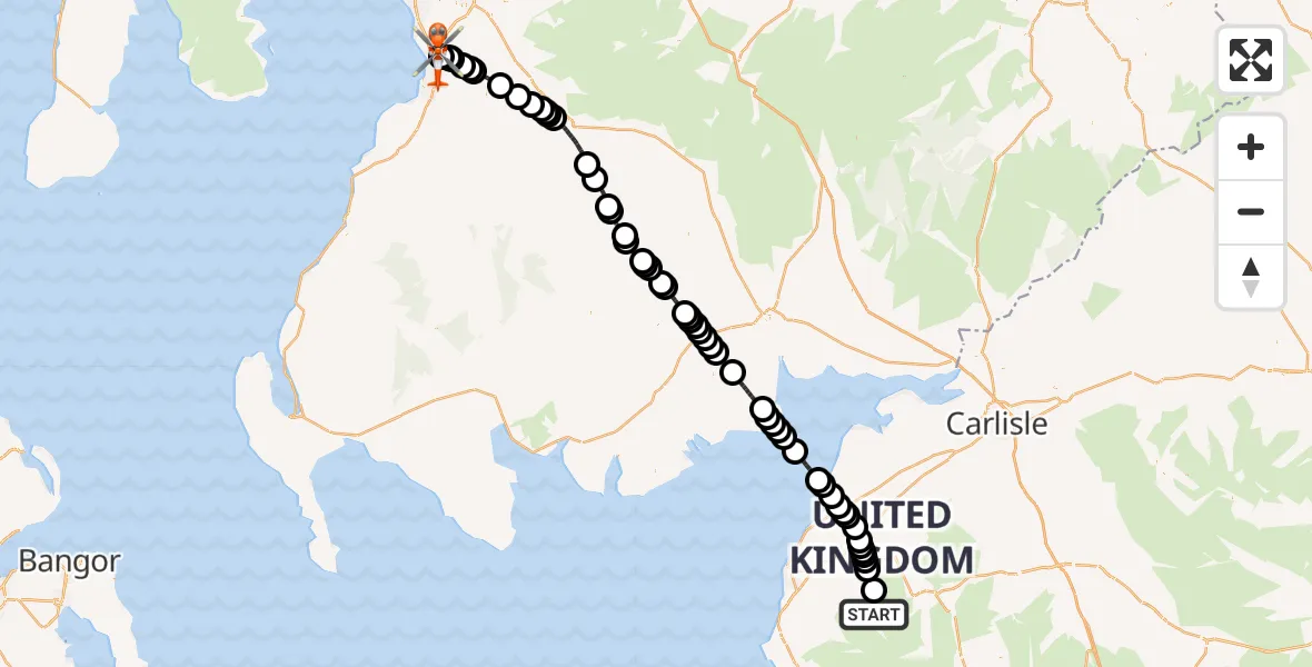 Flight path map showing Coastguard Helicopter route from Buttermere to Glasgow Prestwick Airport