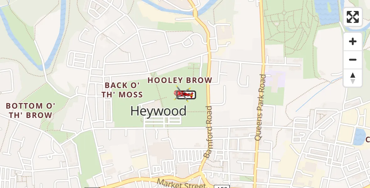 Flight path map showing Air Ambulance Helicopter route from Heywood to Heywood