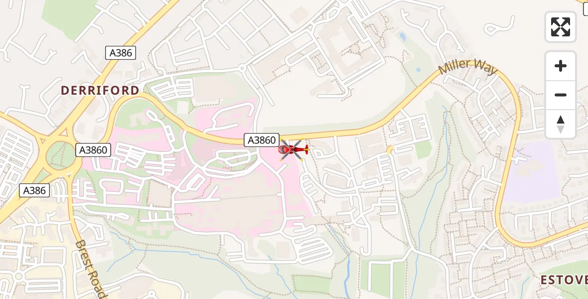 Flight path map showing Air Ambulance Helicopter route from Derriford Hospital to Derriford Hospital