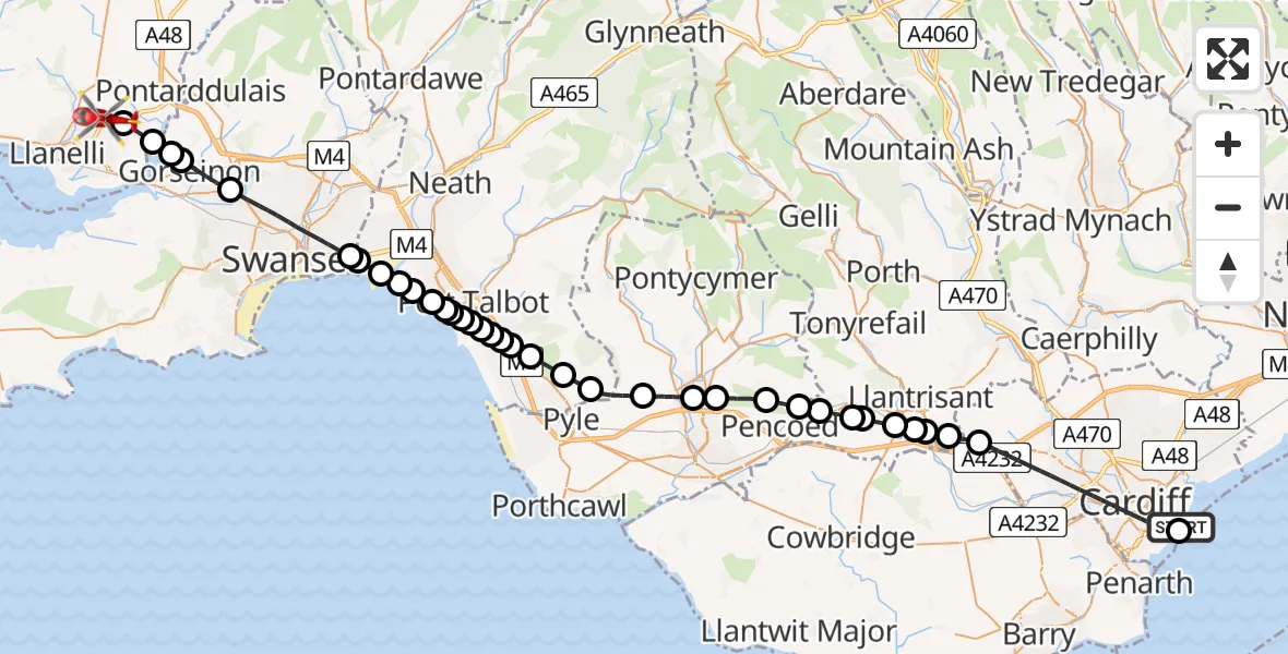 Flight path map showing Air Ambulance Helicopter route from Cardiff Heliport to Dafen