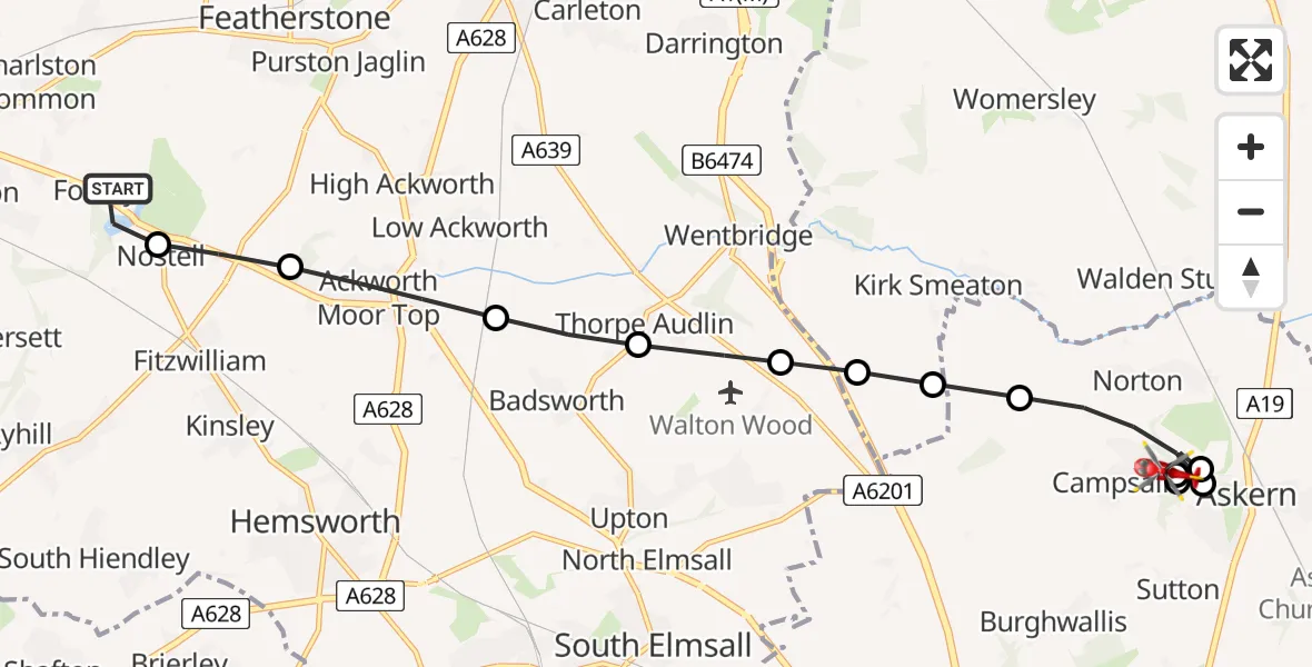 Flight path map showing Air Ambulance Helicopter route from YAA Nostell Helicopter Port to Norton