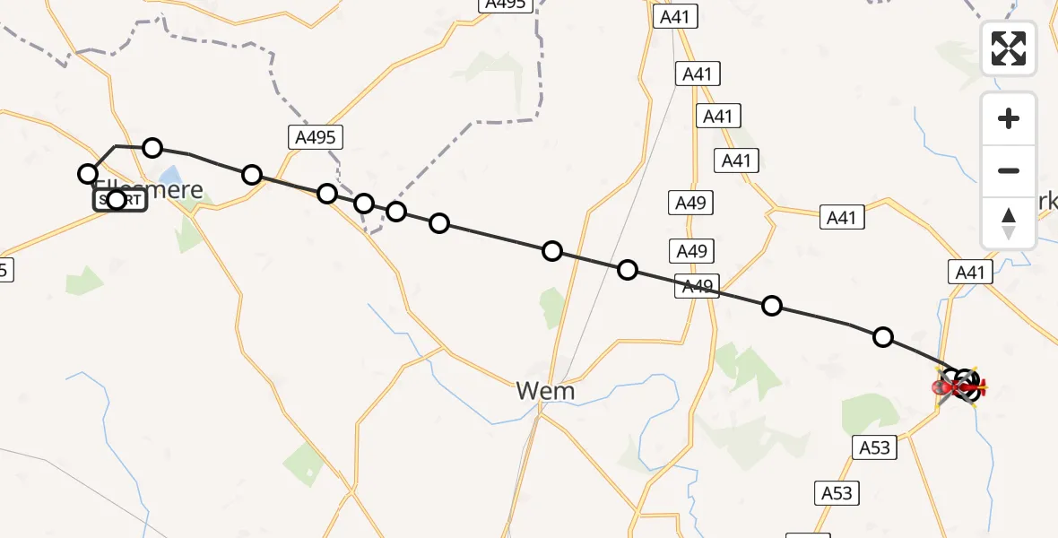 Flight path map showing Air Ambulance Helicopter route from Ellesmere to Stoke upon Tern