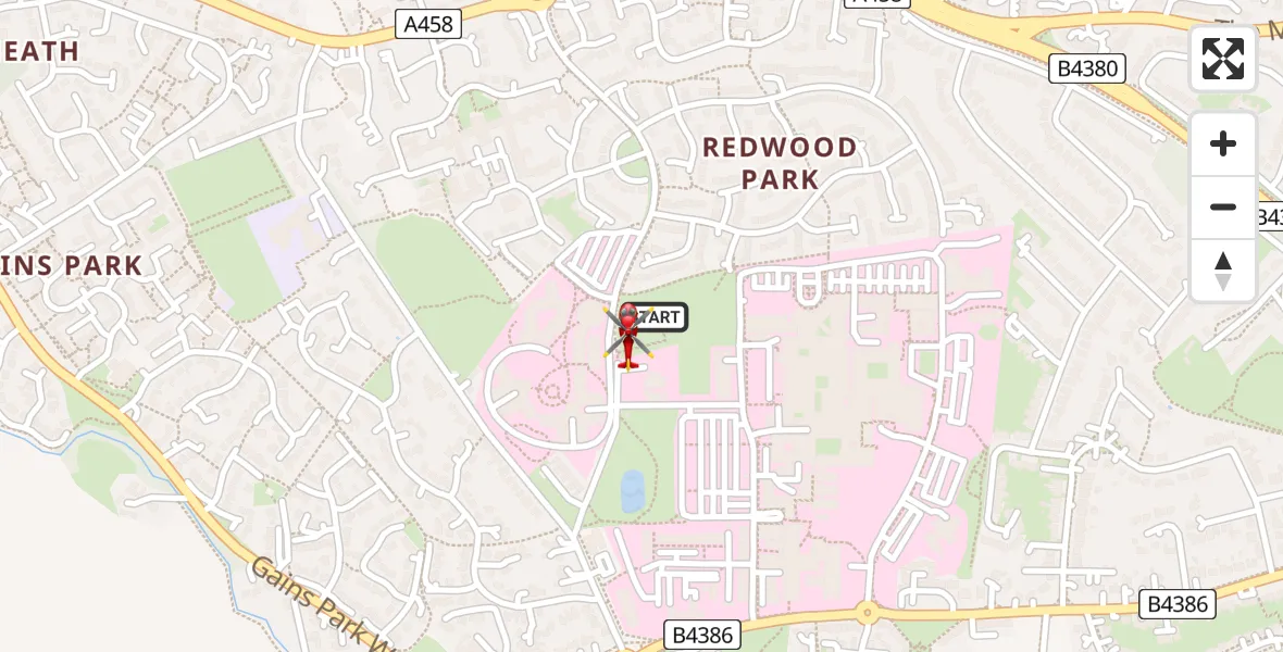 Flight path map showing Air Ambulance Helicopter route from Shrewsbury Royal Hospital to Shrewsbury