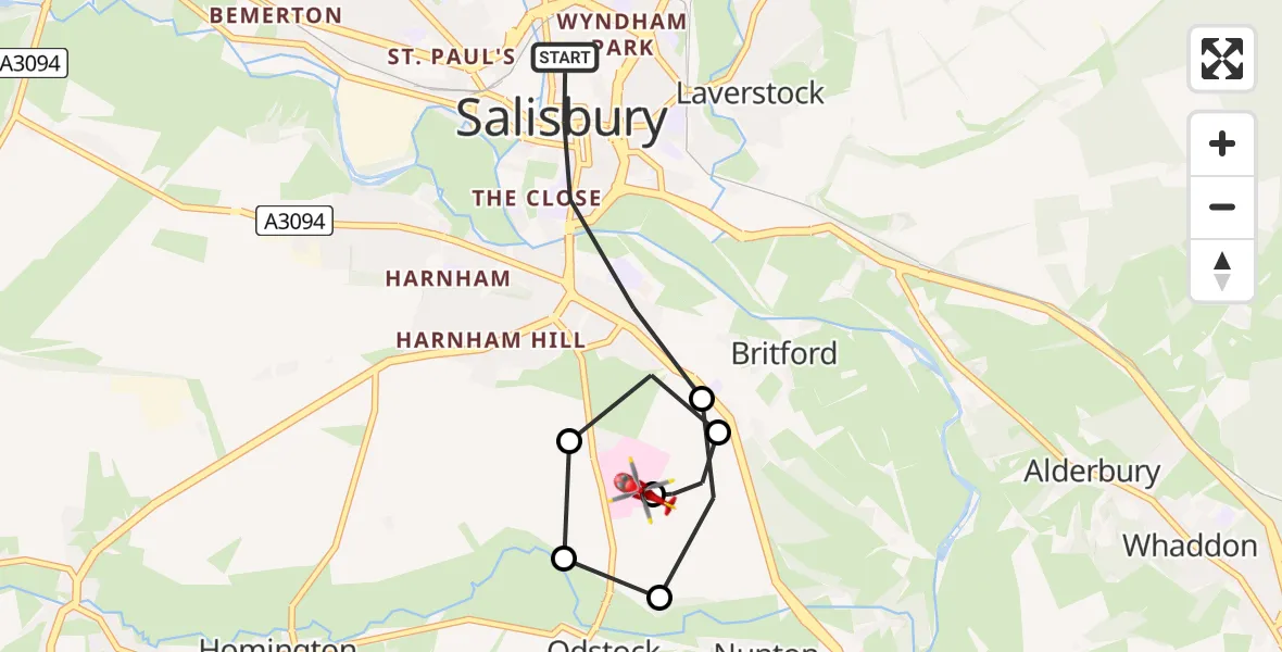 Flight path map showing Air Ambulance Helicopter route from Salisbury to Salisbury District Hospital