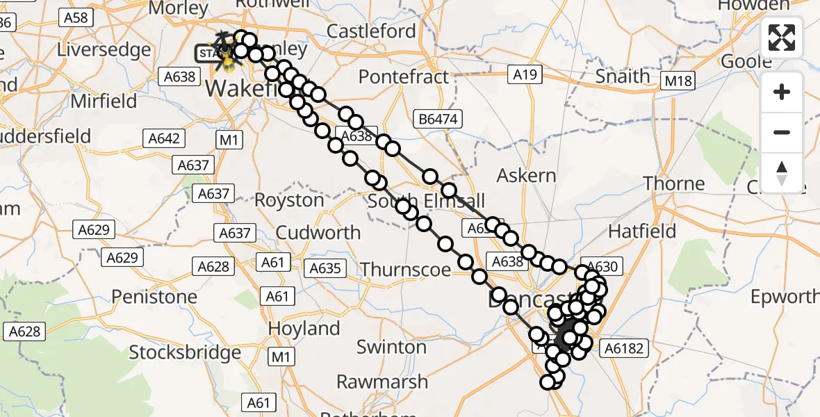 Flight path map showing Police Helicopter route from East Ardsley to East Ardsley