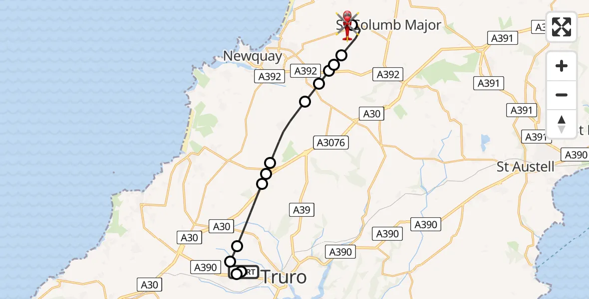 Flight path map showing Air Ambulance Helicopter route from Treliske Hospital to Cornwall Airport Newquay