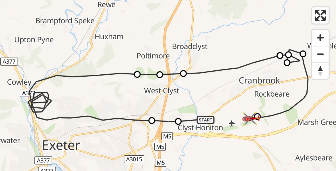 Flight path map showing Air Ambulance Helicopter route from Clyst Honiton to Exeter International Airport
