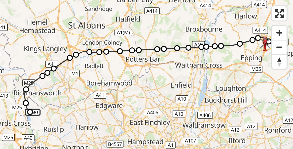 Flight path map showing Air Ambulance Helicopter route from Harefield Hospital to North Weald Airfield