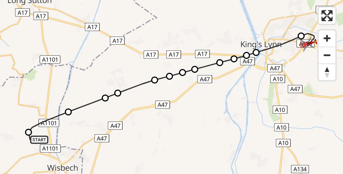Flight path map showing Air Ambulance Helicopter route from Leverington to King's Lynn and West Norfolk