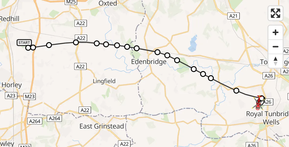 Flight path map showing Air Ambulance Helicopter route from Redhill Aerodrome to Southborough