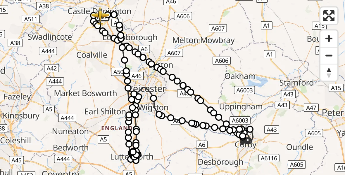 Flight path map showing Police Aircraft route from East Midlands Airport to East Midlands Airport