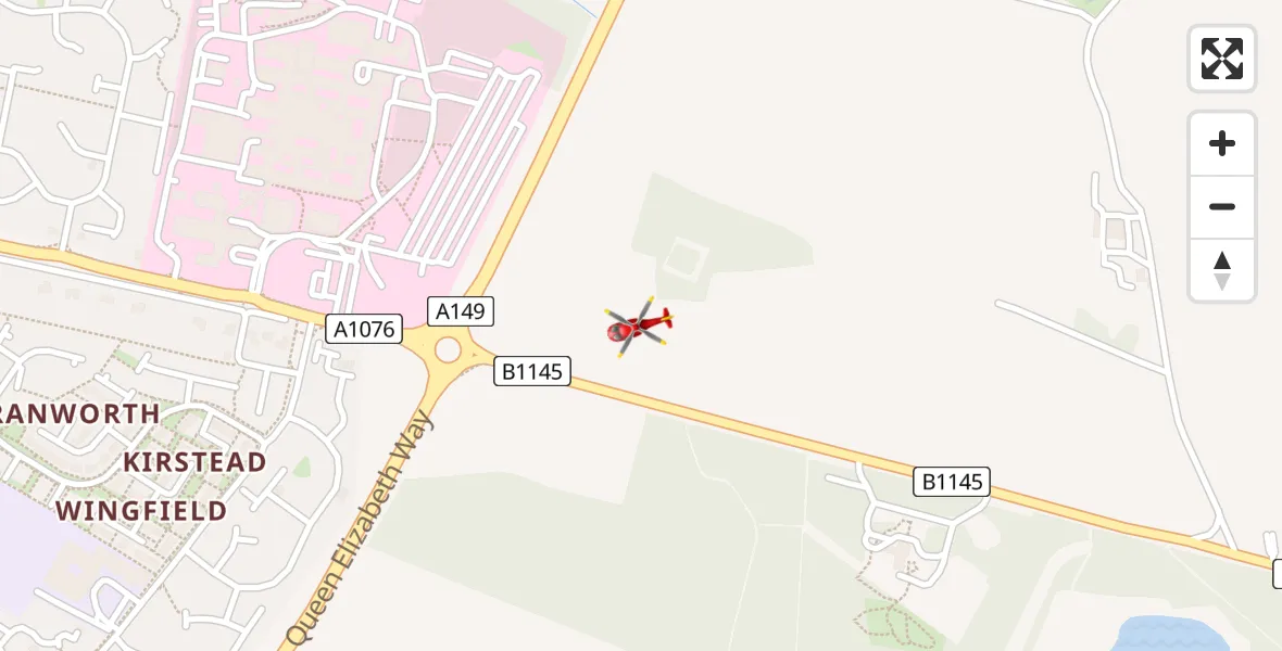 Flight path map showing Air Ambulance Helicopter route from Queen Elizabeth Hospital to Queen Elizabeth Hospital