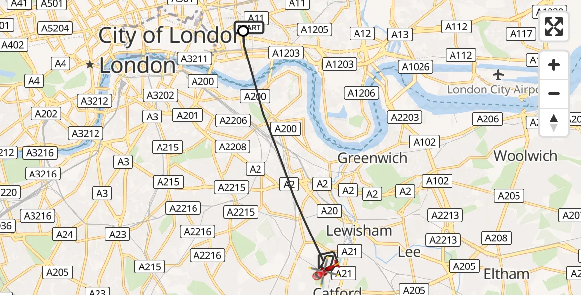 Flight path map showing Air Ambulance Helicopter route from Royal London Hospital to Greater London