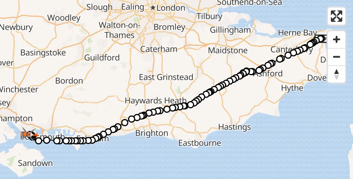 Flight path map showing Coastguard Helicopter route from Manston Airport to Solent Airport