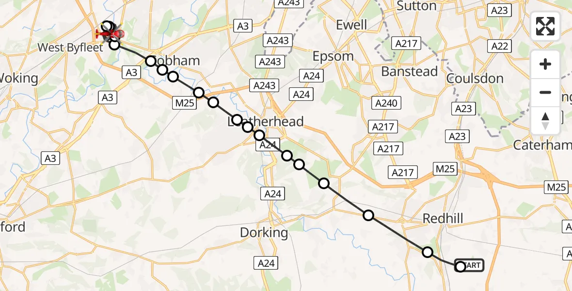 Flight path map showing Air Ambulance Helicopter route from Redhill Aerodrome to Brooklands Aerodrome