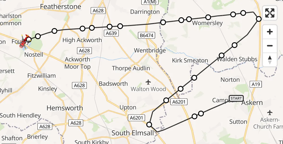 Flight path map showing Air Ambulance Helicopter route from Norton to YAA Nostell Helicopter Port