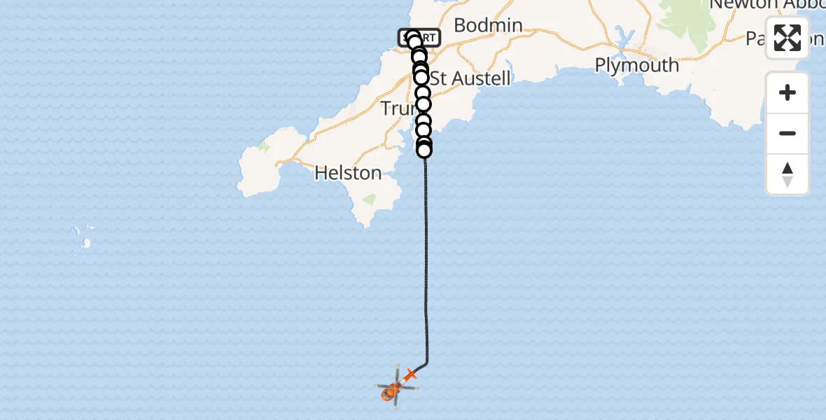 Flight path map showing Coastguard Helicopter route from Cornwall Airport Newquay to English Channel