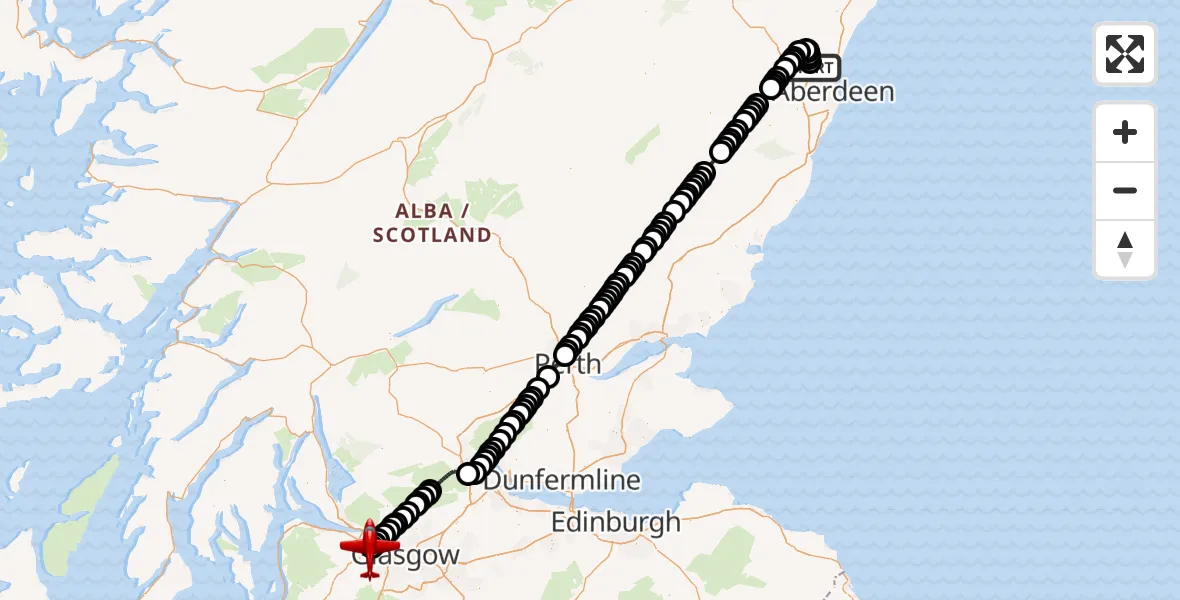 Flight path map showing Air Ambulance Aircraft route from Aberdeen International Airport to Glasgow Airport