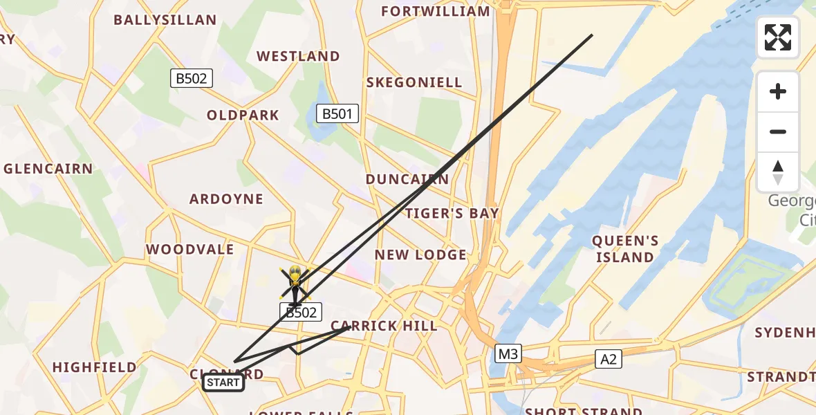 Flight path map showing Police Helicopter route from Belfast to Belfast