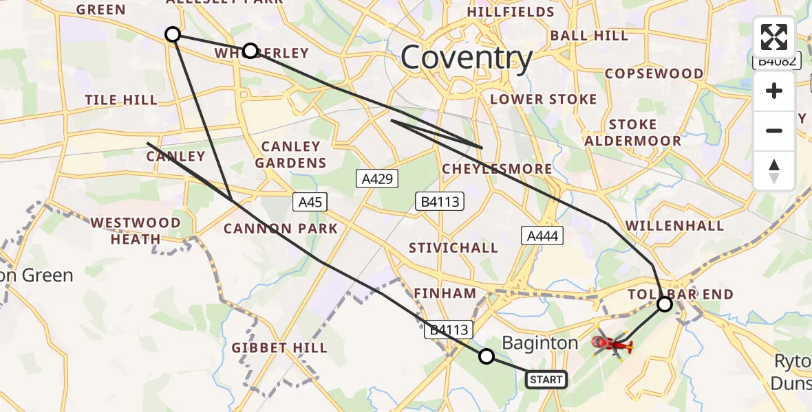 Flight path map showing Air Ambulance Helicopter route from Coventry Airport to Coventry Airport
