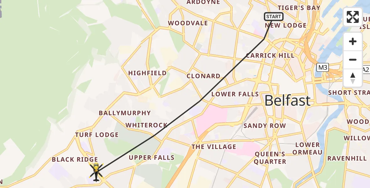 Routekaart van de vlucht: Police Helicopter to Belfast, Monagh By-Pass