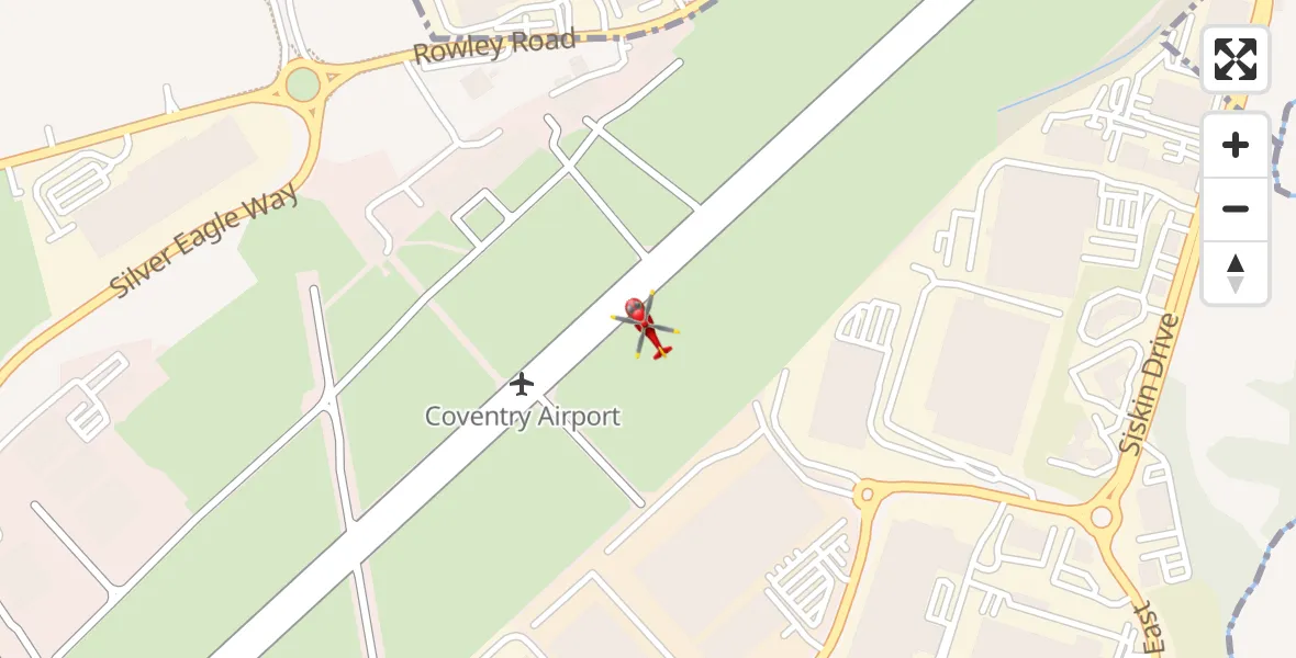 Flight path map showing Air Ambulance Helicopter route from Coventry Airport to Coventry Airport