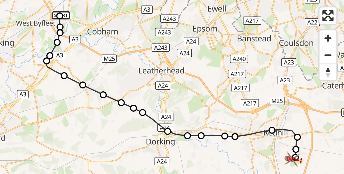 Routekaart van de vlucht: Air Ambulance Helicopter to Redhill Aerodrome