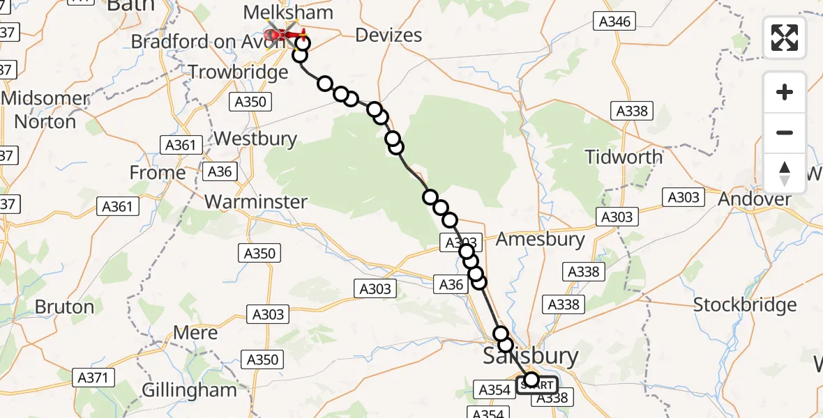Flight path map showing Air Ambulance Helicopter route from Salisbury District Hospital to Melksham