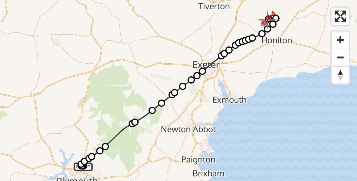 Flight path map showing Air Ambulance Helicopter route from Derriford Hospital to Dunkeswell Airfield